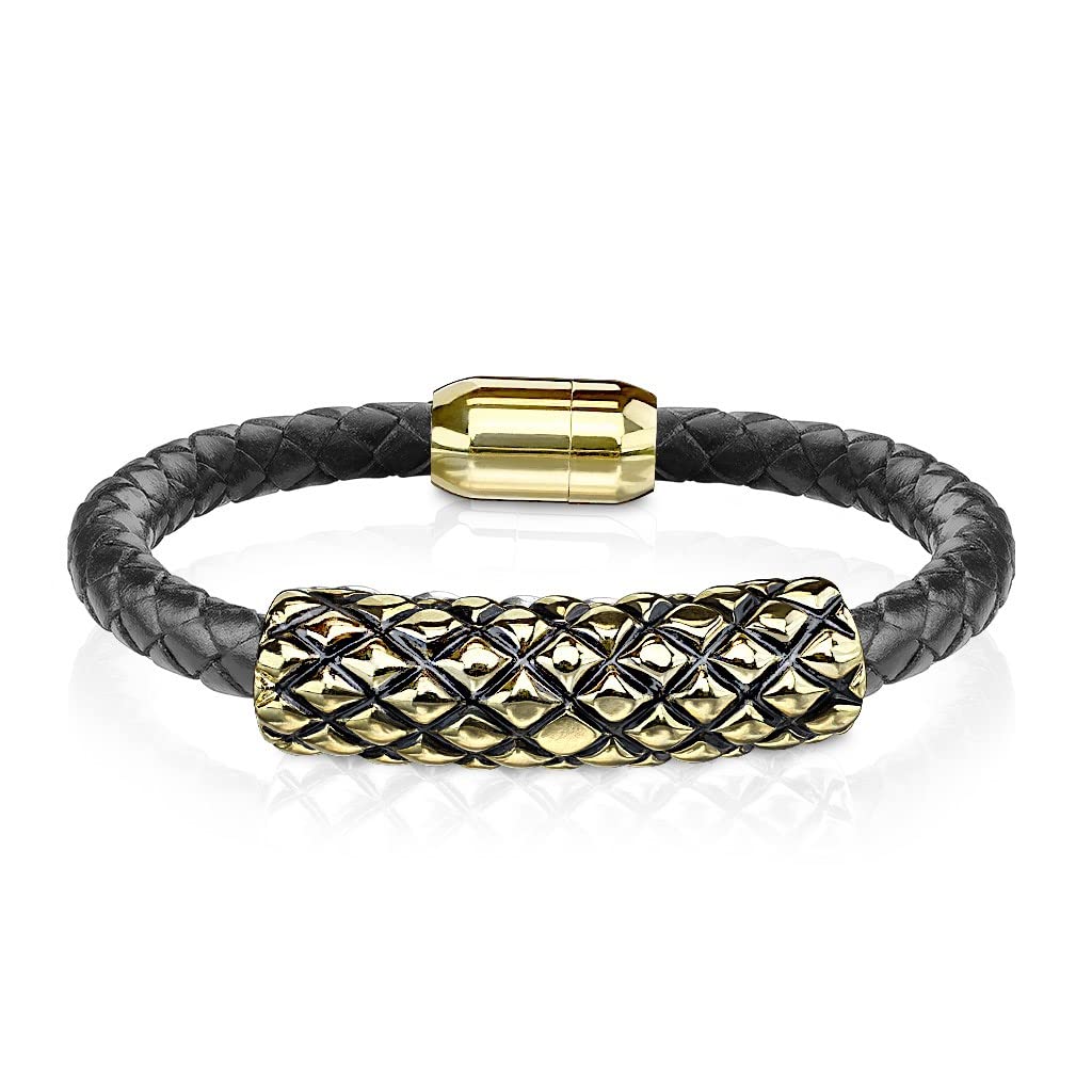 Bungsa Schwarzes Lederarmband mit Edelstahl-Röhre im Rauten-Design und Magnetverschluss