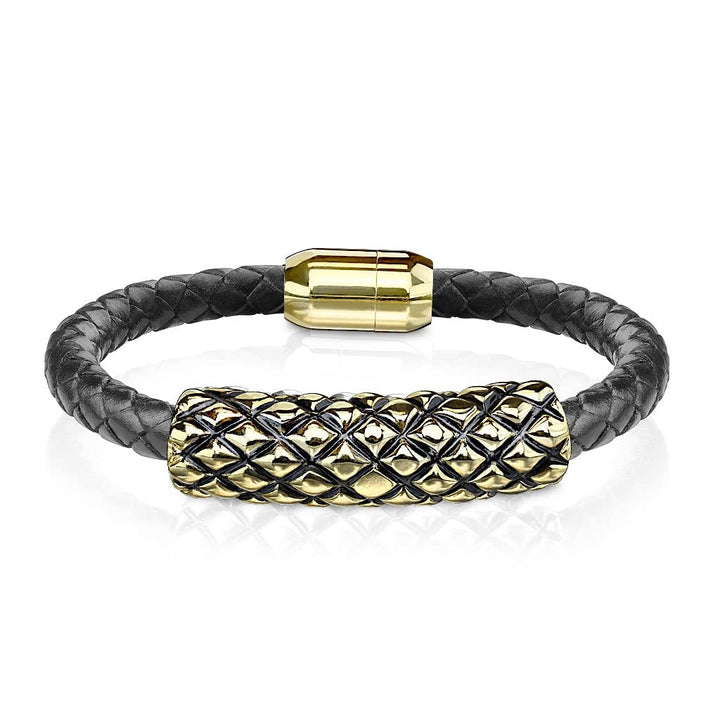Bungsa Schwarzes Lederarmband mit Edelstahl-Röhre im Rauten-Design und Magnetverschluss