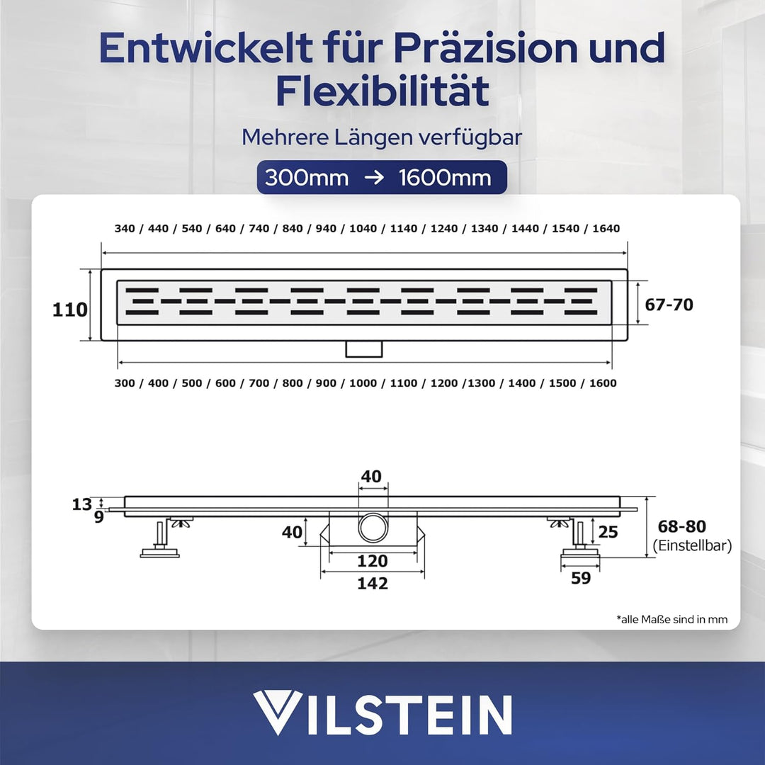 VILSTEIN Duschrinne 70cm, Edelstahl Bodenablauf Komplettset, extra flach, Siphon mit Geruchsstop, Ha