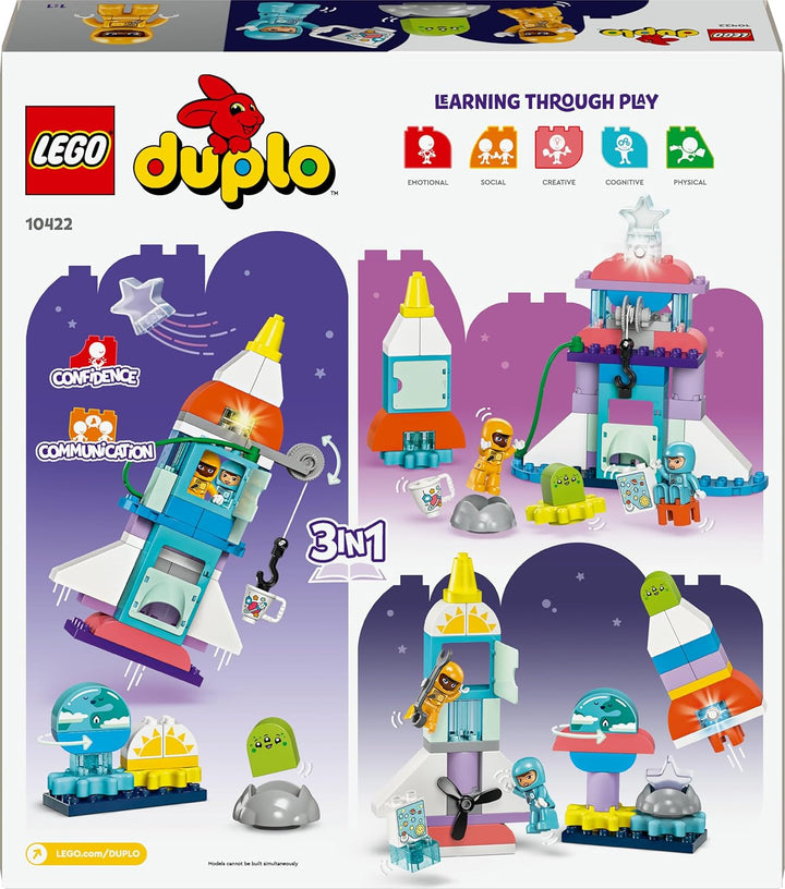 LEGO DUPLO 3-in-1-Spaceshuttle für viele Abenteuer, Weltraum-Set mit Raketen-Spielzeug für Kinder zu