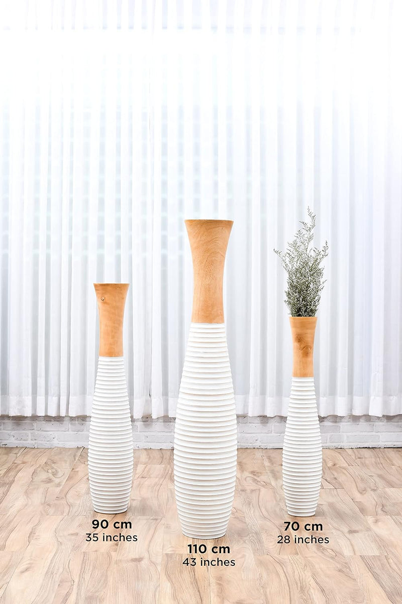 Leewadee Grosse Bodenvase für Dekozweige hohe Standvase Design Holzvase, Holz, 70 cm, Natur Weiss 70