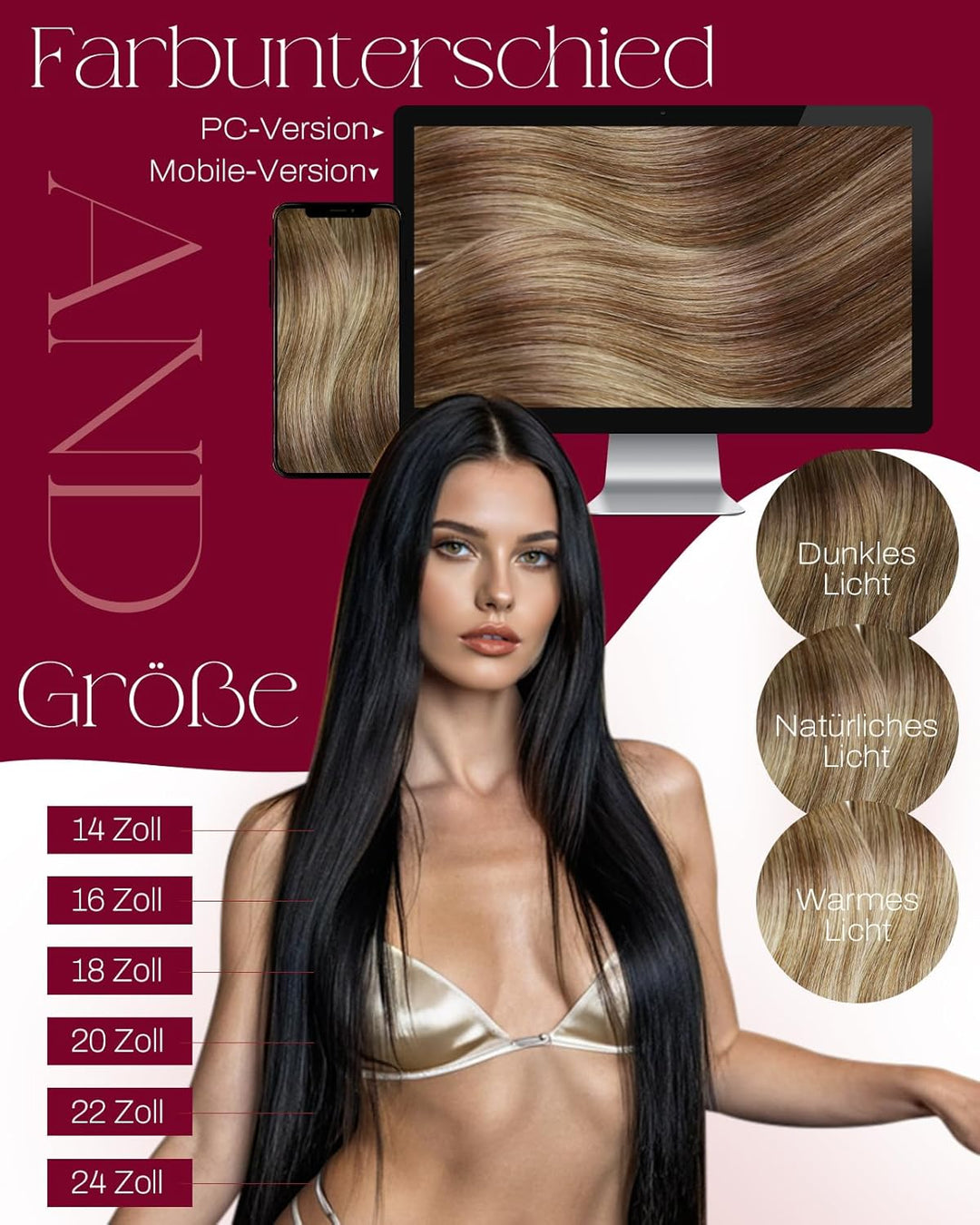 Moresoo 100g Tressen Echthaar 50 cm Braun bis Kastanienbraun mit Platinblond Echthaar Tressen Glatte