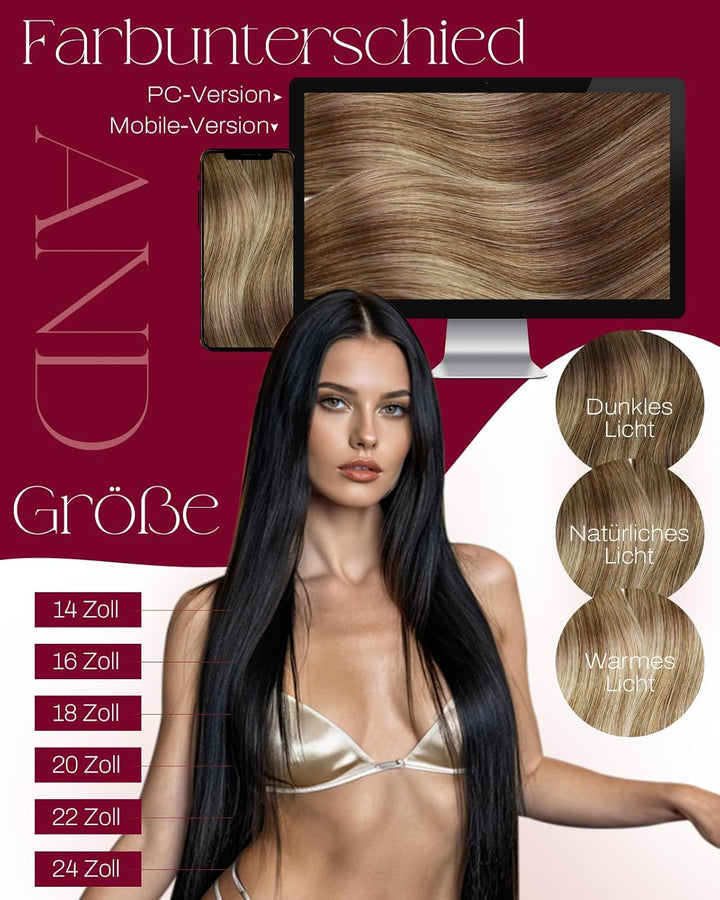 Moresoo 100g Tressen Echthaar 50 cm Braun bis Kastanienbraun mit Platinblond Echthaar Tressen Glatte