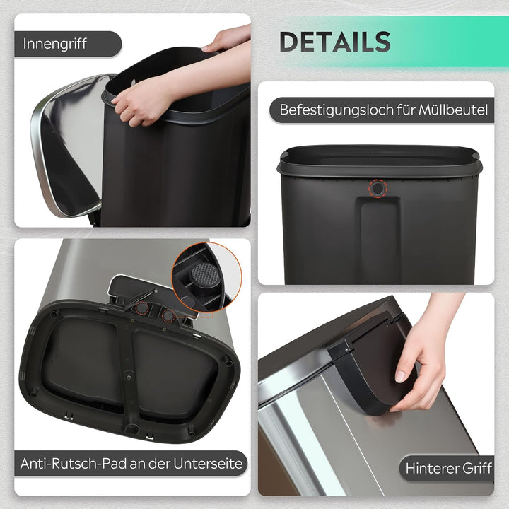 WLIVE 50L Mülleimer aus Edelstahl, grosser Treteimer mit Inneneimer und Soft-Close-Deckel, Abfalleim