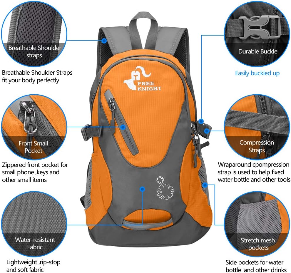 Kleiner Tagesrucksack 20L Radfahren Wanderrucksack Wasserdichter Reiserucksack Leichtgewicht (Orange