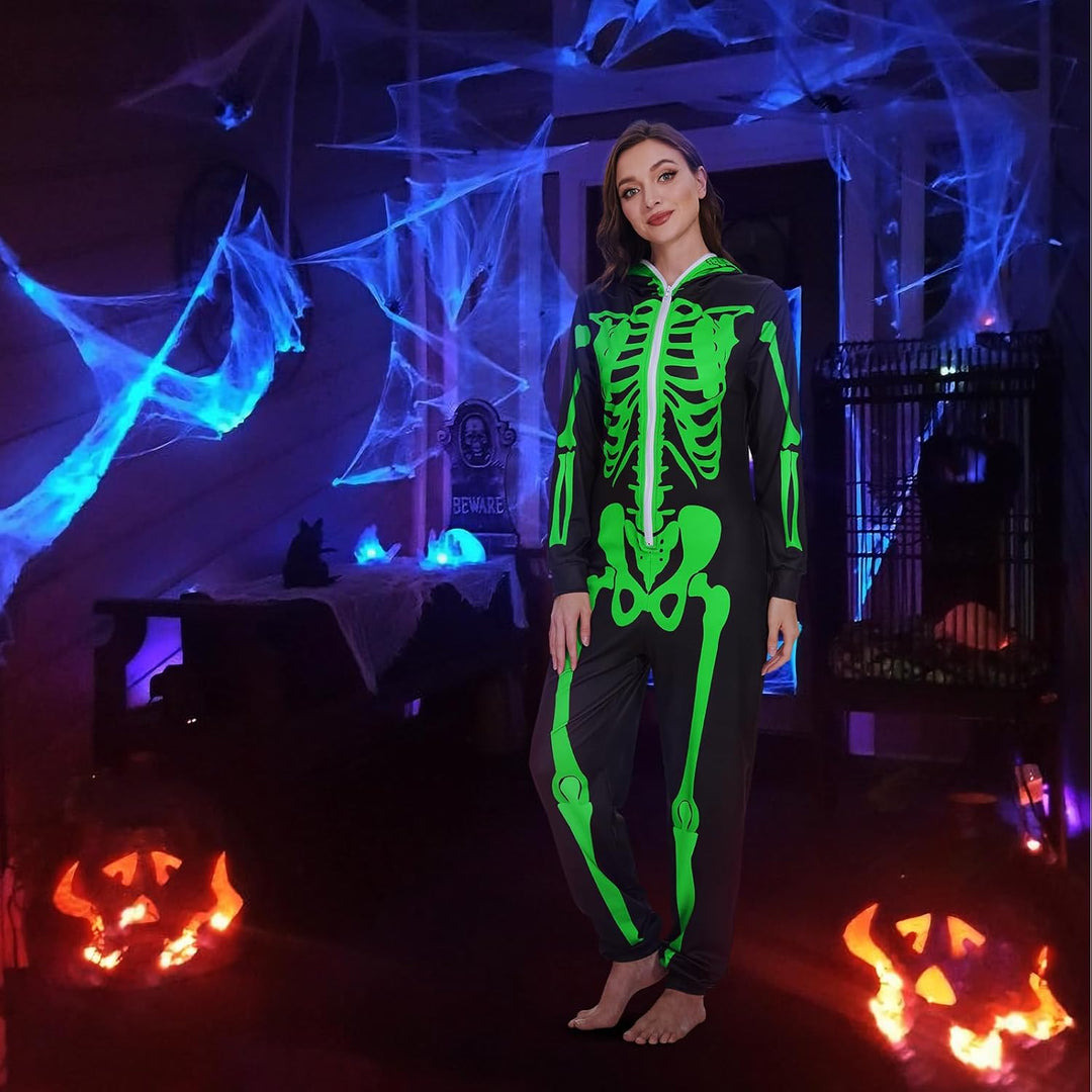 Ulikey Halloween Skelett Kostüm Damen, Halloween Skelett Onesie Overall Pyjama Erwachsene Damen Hall