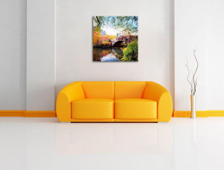 Brücke im Central Park, Format: 70x70 auf Leinwand, XXL riesige Bilder fertig gerahmt mit Keilrahmen