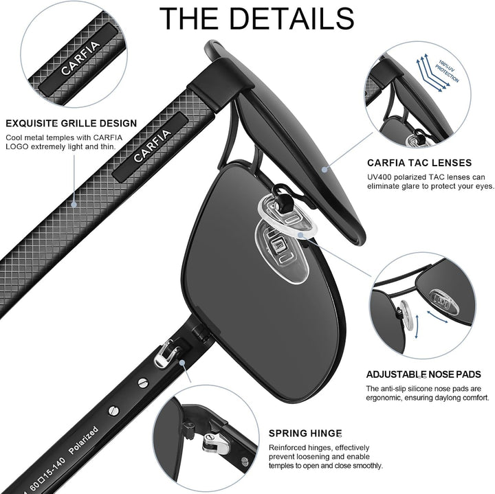 CARFIA Pilotenbrille Sonnenbrille Herren UV400 polarisierte Sportbrille mit ultraleichtem Metallrahm