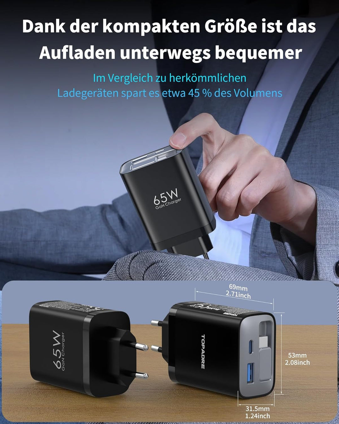 TOPADRE 65W USB C Ladegerät mit 85CM Einziehbares Ladekabel, 3-Port Schnellladegerät USB C Netzteil