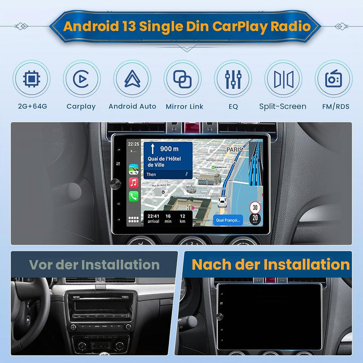 Android 15 Autoradio 1 Din CarPlay mit Bildschirm (2 + 64G) 10,4 Zoll drehbarer Touchscreen Stereo A