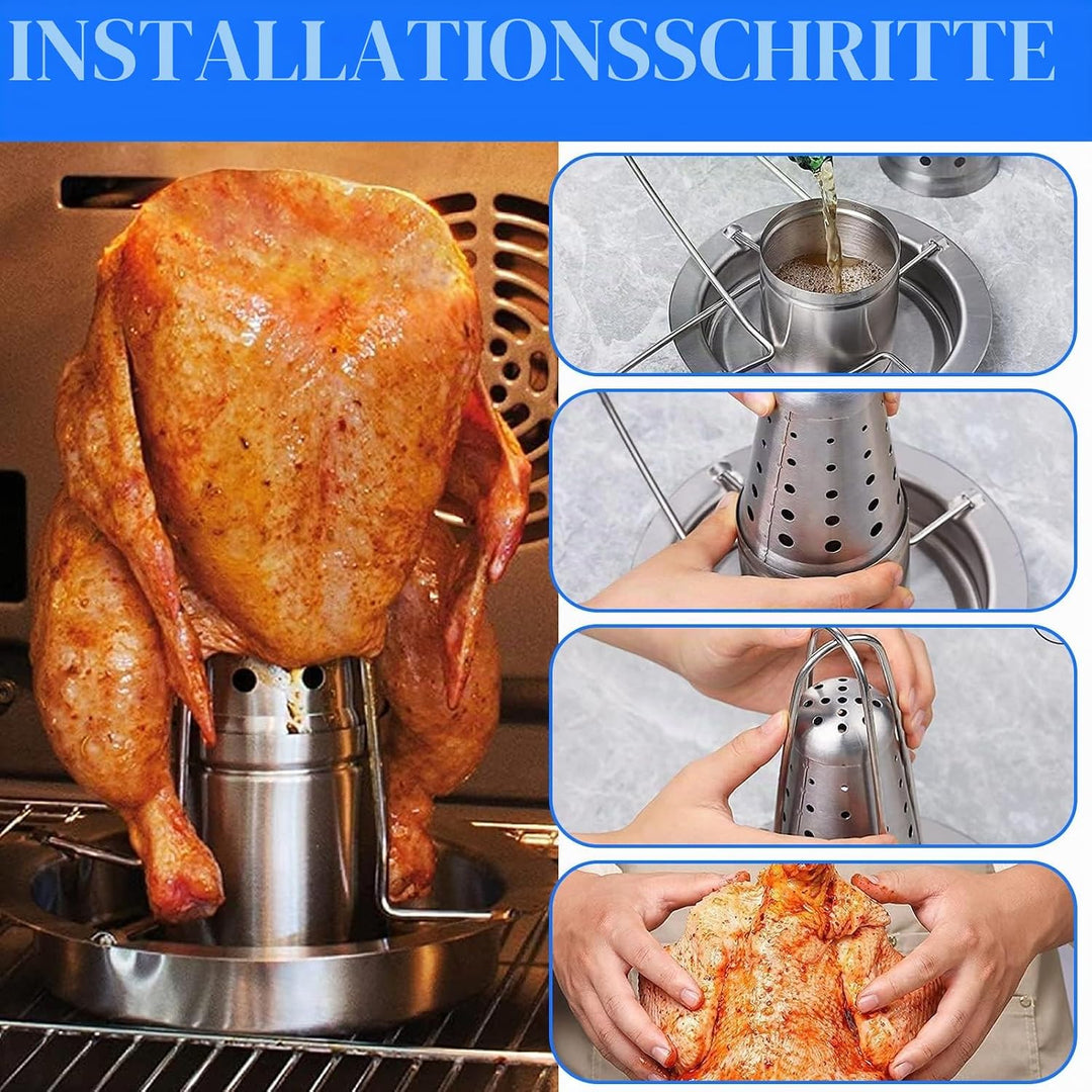 Hähnchenbräter, Edelstahl Hähnchengrill Bierdosen Hähnchenhalte mit Abtropfschale, Hähnchenhalter Ge