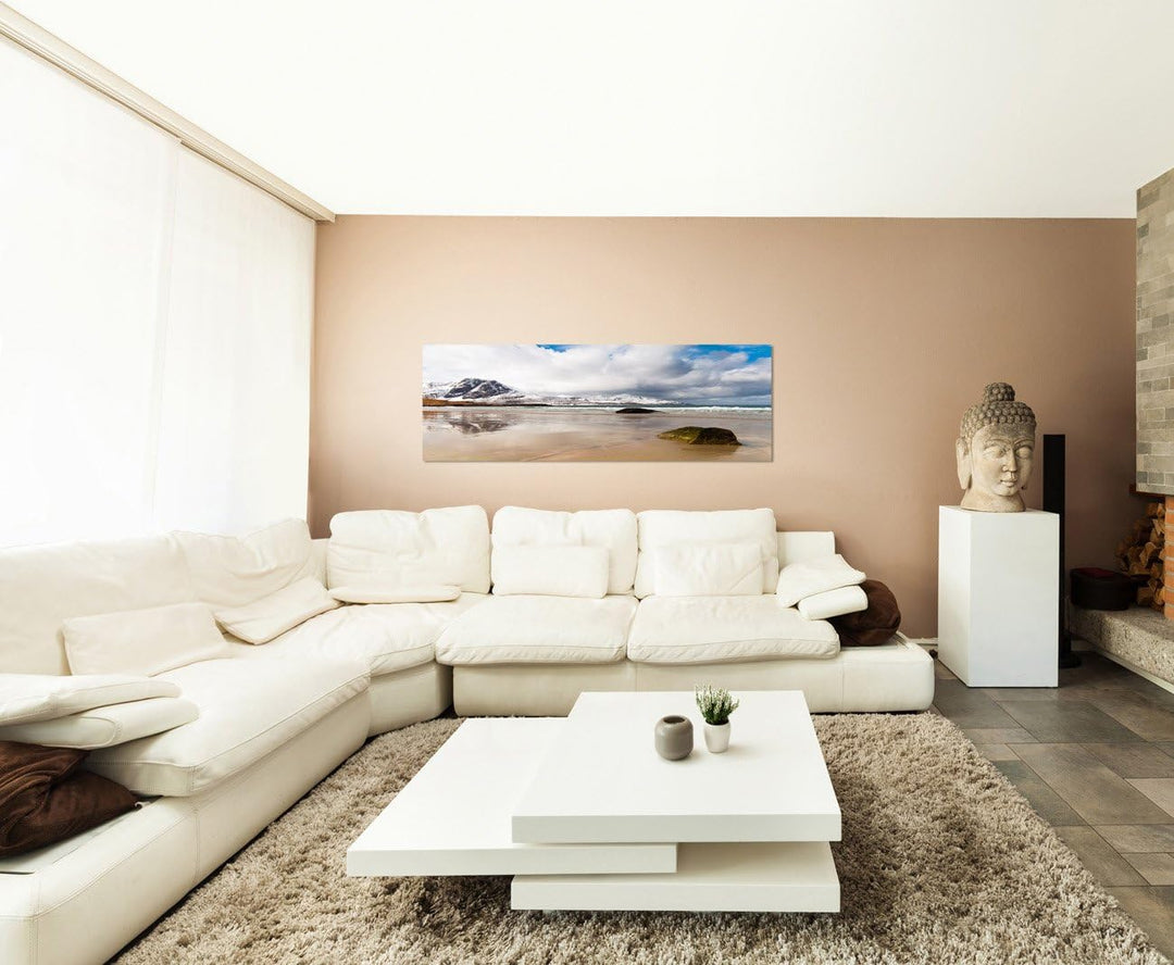 Paul Sinus Art Panoramabild auf Leinwand und Keilrahmen 150x50cm Norwegen Fjord Berge Schnee Meer Wo