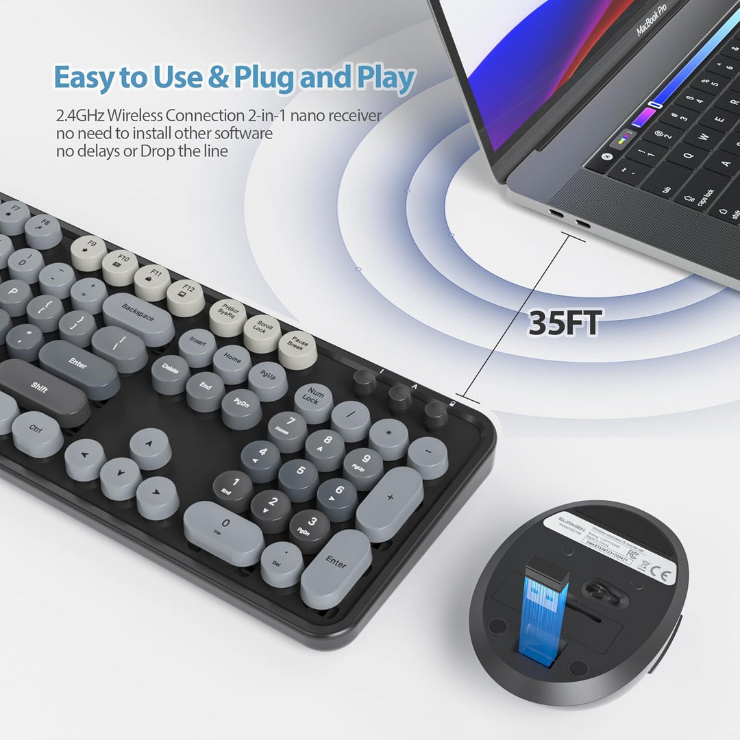 SOLIDEE kabellose Tastatur- und Maus-Kombination, Retro-Schreibmaschinentastatur, 2.4GHz runde Taste