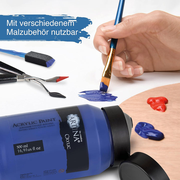 Artina 6er Acrylfarben Set 500ml – Deckende Malfarbe Schnelltrocknende Farbe zum Malen 6x500ml Profi