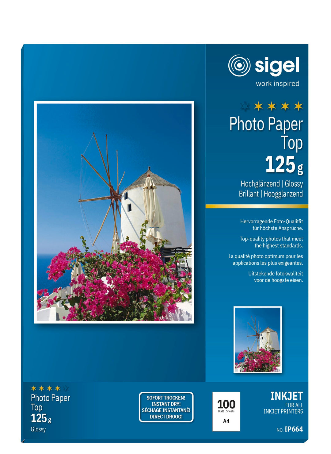 SIGEL IP664 InkJet Fotopapier Top, A4, 100 Blatt, hochglänzend, hochweiss, 125 g 100x 1seitig, 100x