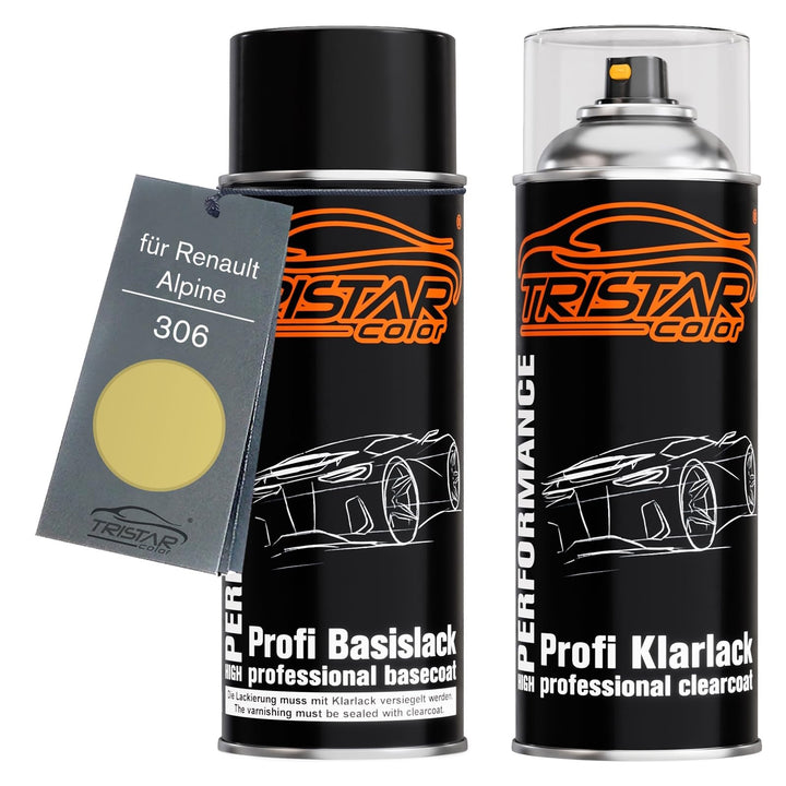TRISTARcolor Autolack Spraydosen Set für Renault/Alpine 306 Jaune Anis Basislack Klarlack Sprühdose