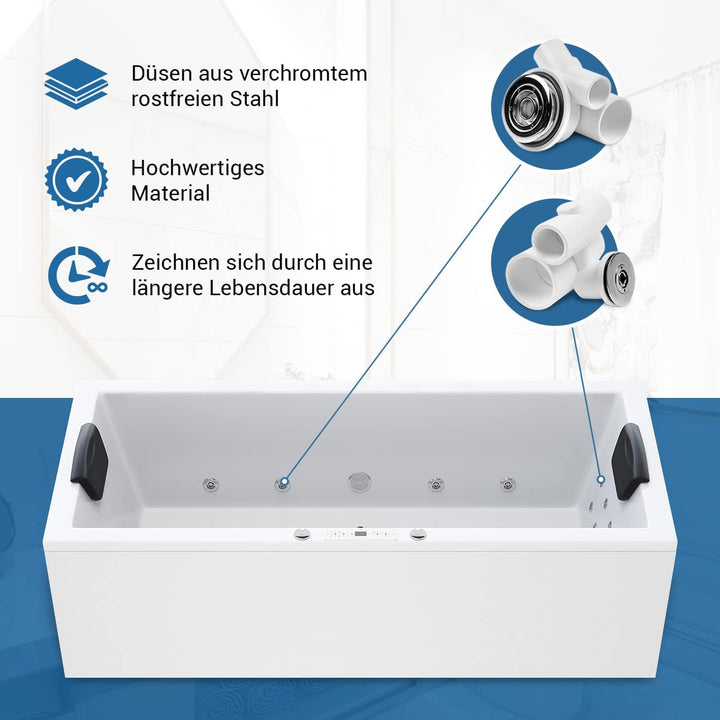 AQUADE Whirlpool Badewanne Wolfsburg Classic 170x75 cm mit LED Whirlpool Beleuchtung & Badekissen fü