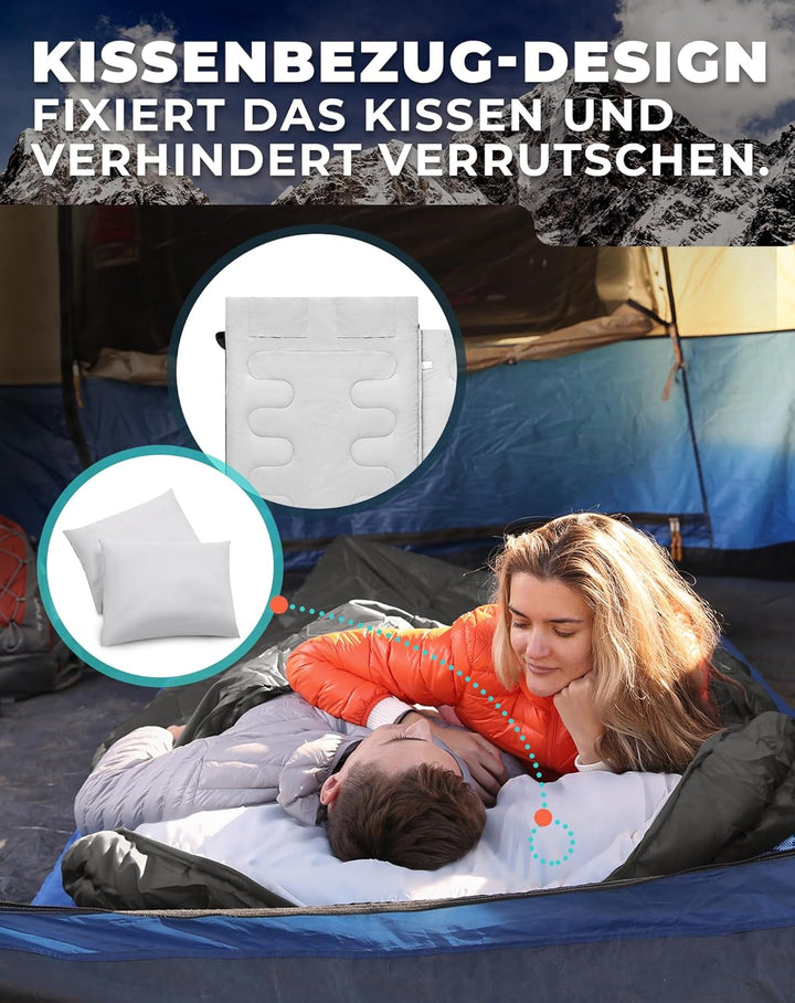 KingCamp Deckenschlafsack,Doppelschlafsack,220x150cm mit 2 Kissen,Schlafsack für 2 Personen,12℃ bis