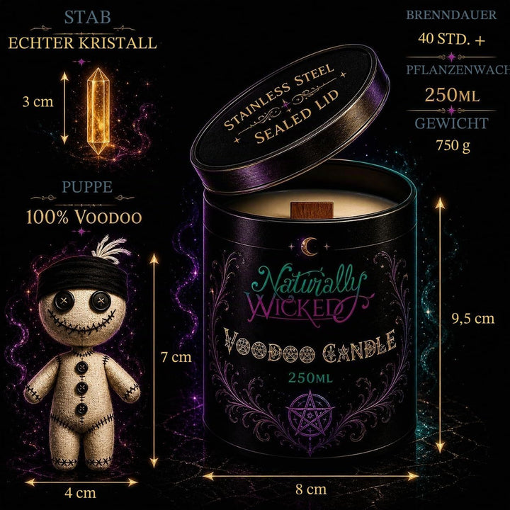 Naturally Wicked Voodoo Schutz Kerze | Inc Voodoo Puppe & Kristallstab | Vegane Kristallzauberkerze