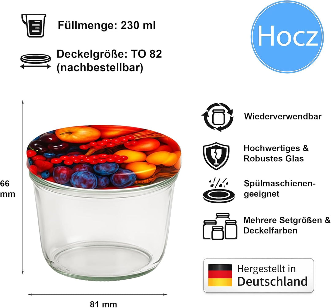 hocz 25x Marmeladengläser 230 ml | mit Deckel Obst TO 82 | mit Etiketten NZ | Einmachgläser mit Schr