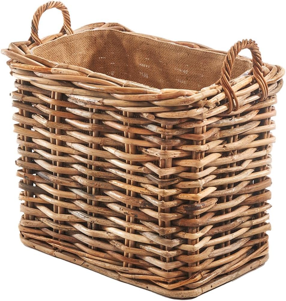 Kobolo Holzkorb aus Rattan mit Jutestoff, 63x42x59 cm, braun, robuster Kaminholzkorb mit Griffen & S
