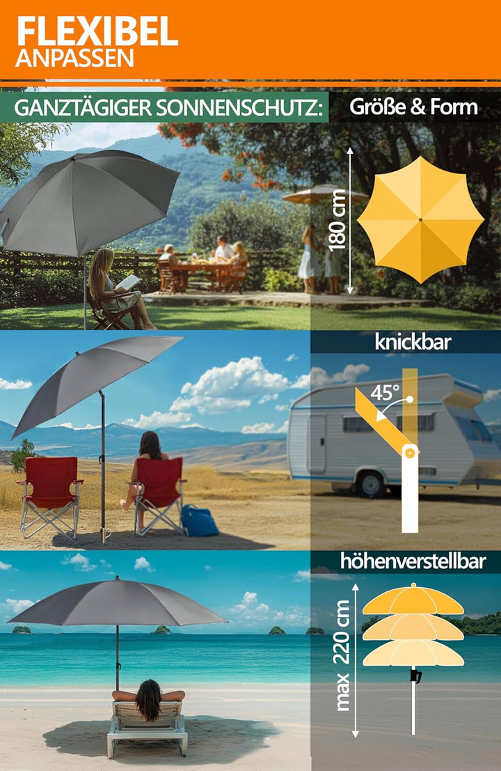 4smile SunnyJoy 3-IN-1 Set mit Sonnenschirm Strand in Anthrazit - Strandschirm windfest stabil 180 c