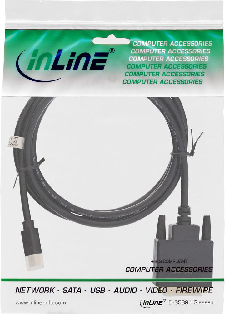 InLine 17222 Mini DisplayPort zu DVI Kabel, Mini DisplayPort Stecker auf DVI-D 24+1 Stecker, schwarz