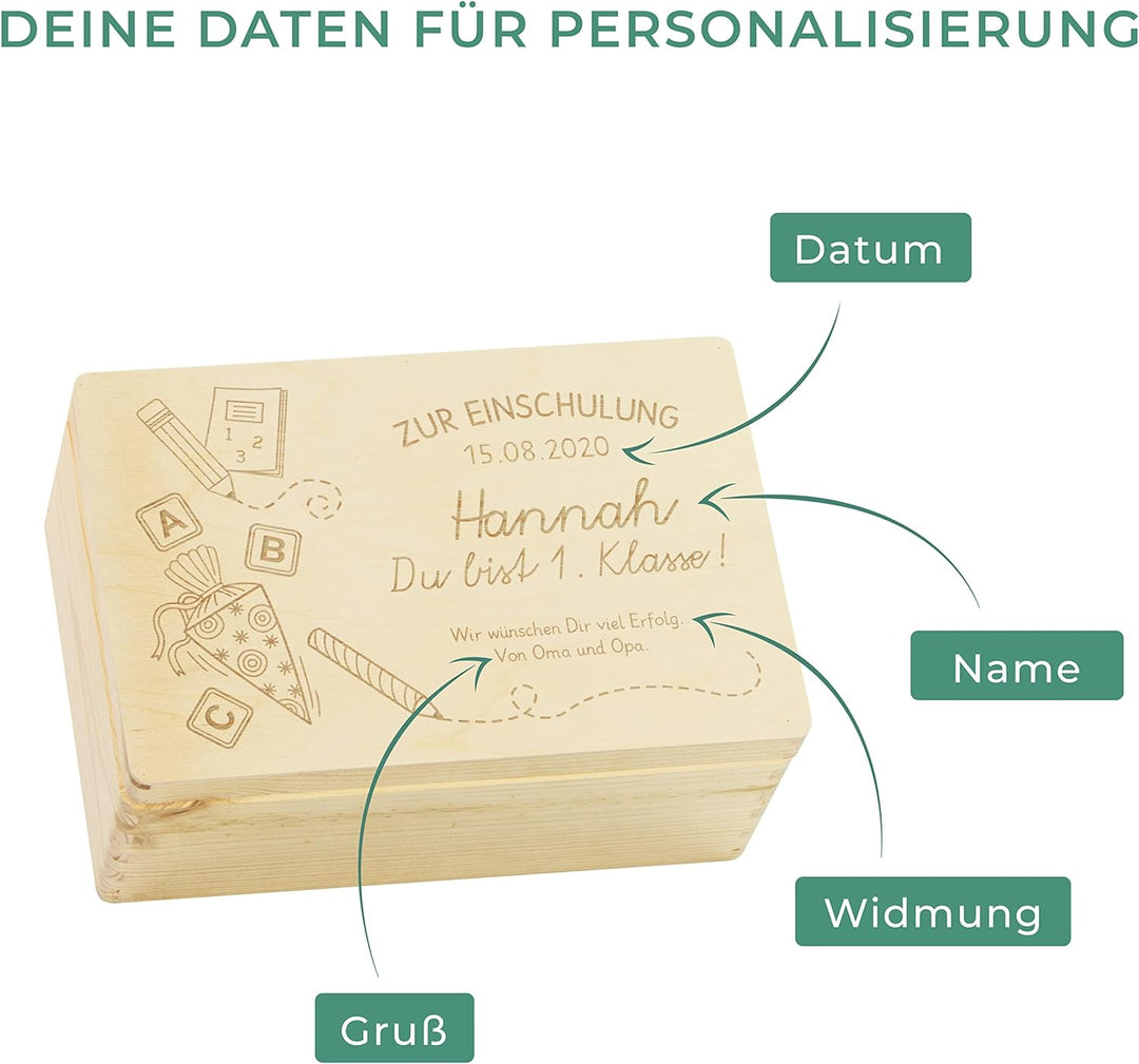LAUBLUST Holzkiste mit Gravur - Personalisiert mit Datum | Name | WIDMUNG - Naturbelassen, Grösse M