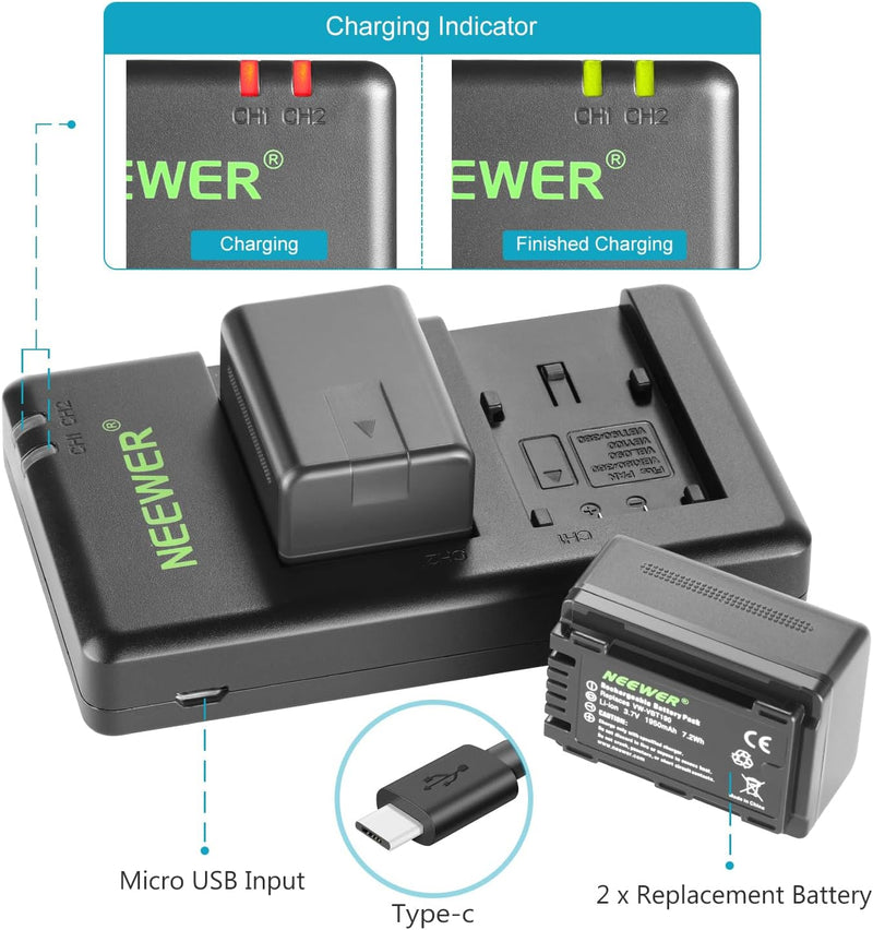 Neewer VW-VBT190 Akku (2er Pack / 1950 mAh) und Dual USB Ladegerät Set Kompatibel mit Panasonic HC-V