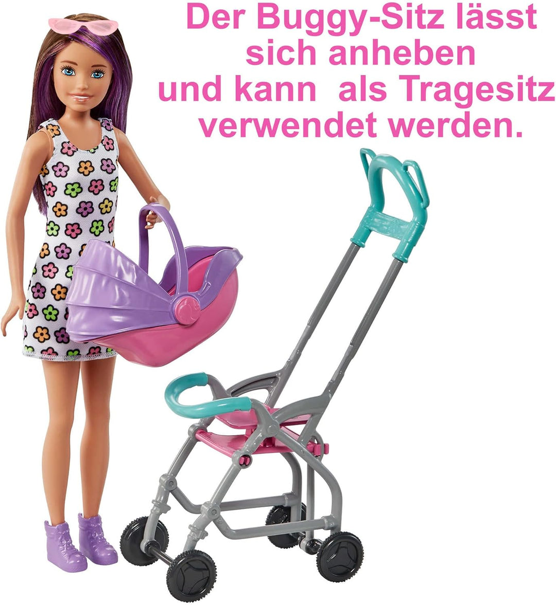 Barbie Skipper Babysitter Inc, Skipper mit braunen und lila Haaren, Baby, Kinderwagen, Babytrage, Zu