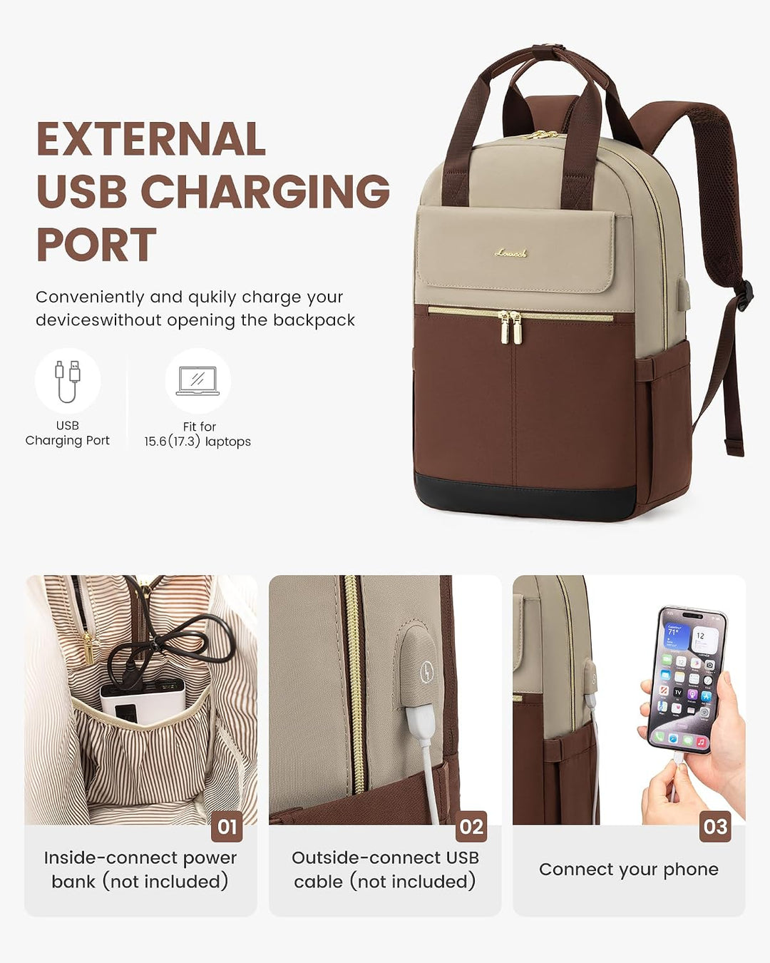 LOVEVOOK Rucksack Damen, Schulrucksack Teenager Mädchen 15,6 Zoll mit Laptopfach, Wasserdicht Schult