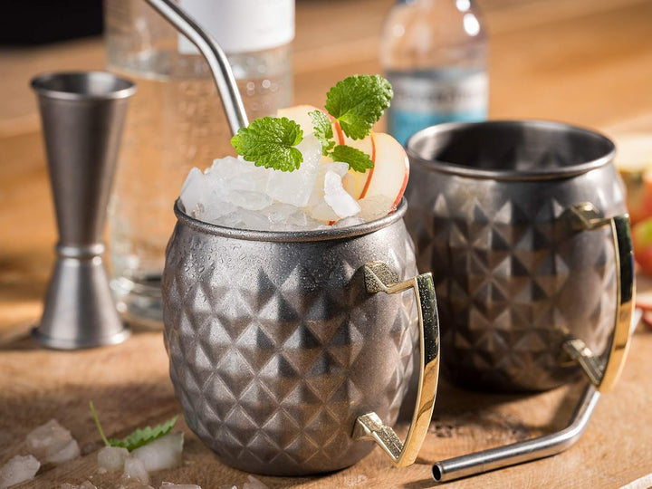 2 Moscow Mule Becher, 500 ml, hochwertige Edelstahl-Becher mit Ananas Struktur, lebensmittelecht, Pi