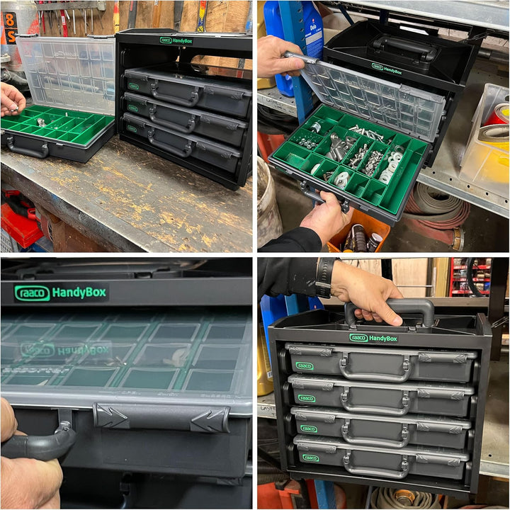 raaco HandyBox 55x4, Premium Sortimentskasten für Werkstatt, Tragerahmen mit 4 Sortierkasten für Kle