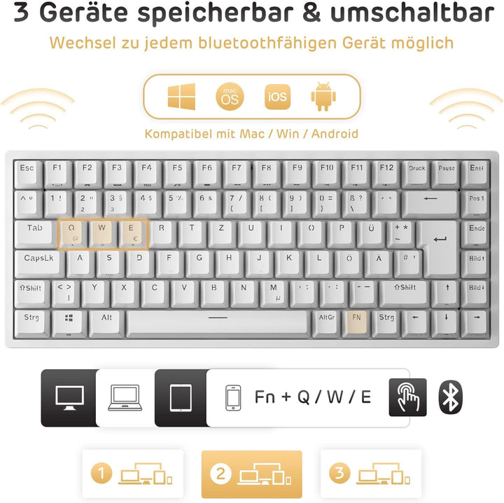 RK ROYAL KLUDGE RK84-DE 75% Gaming-Tastatur, 85 Tasten Kompakte TKL , Bluetooth Mechanische , Roter