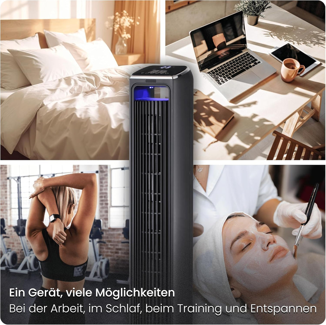 Turmventilator ION 107cm WiFi Tuya, Ionisator & grosses Duftfach, Starker 6m/s Wind, 90° Oszillation