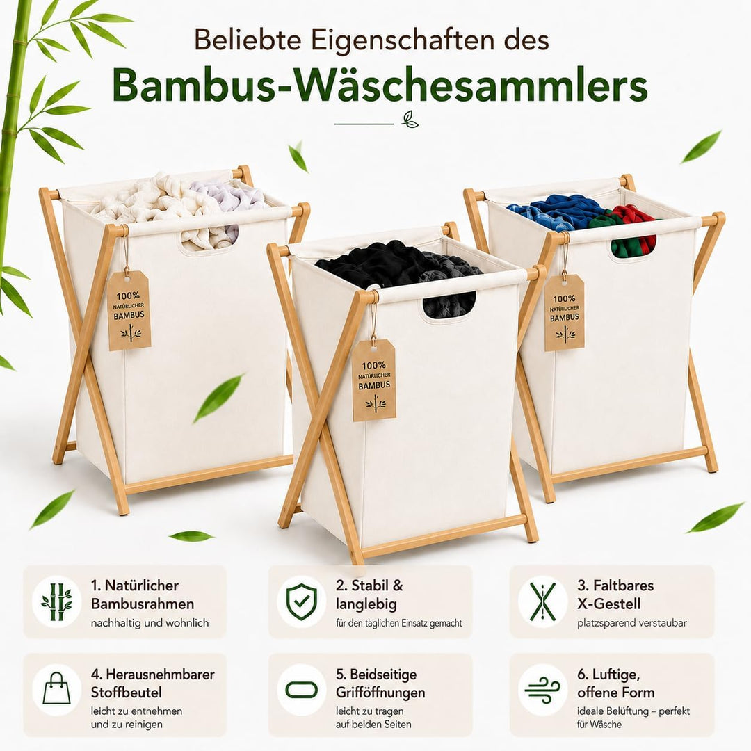 Zedelmaier 3er Faltbare Bambus-Wäschekörbe mit 66 Liter pro Stück | Einzelfach-Design,Badezimmer, Sc
