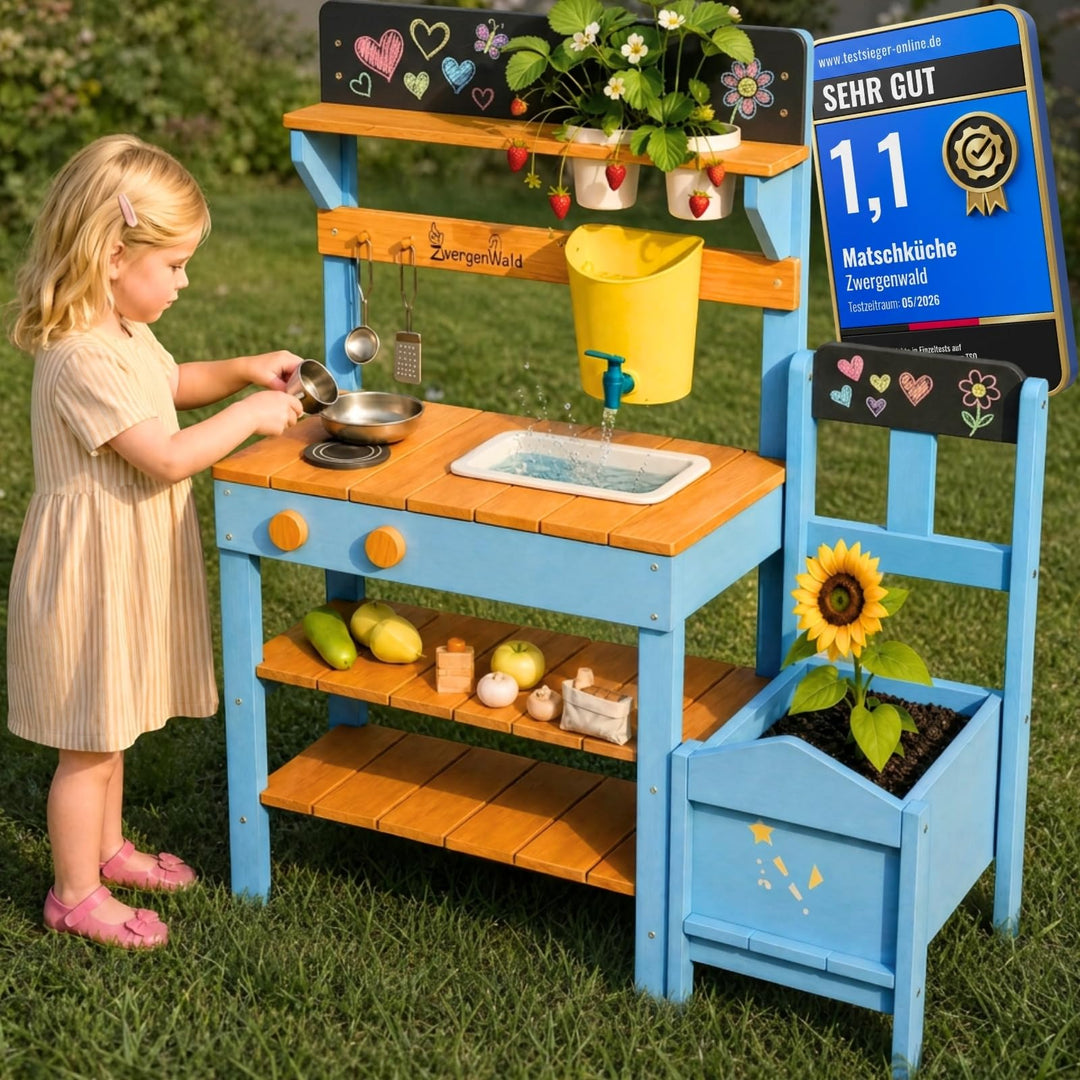 Matschküche Kinder Outdoor mit Wassertank & Spülbecken, mit Pflanzkasten, Mud Kitchen Holz, Spielküc