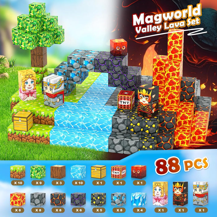 Magnetblöcke - Build Mine Magnet World Lava Valley Set, 2.5 cm Magnetischer Würfel, Bauspielzeug für