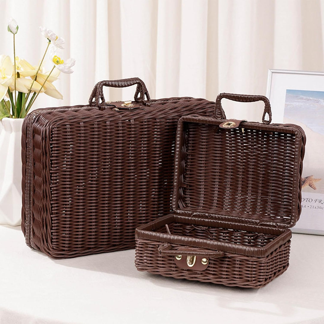 Geflochtener Rattan-Koffer Aufbewahrungskorb mit Griff, Gewebte Picknickbox, Handgewebt, mit Metalls