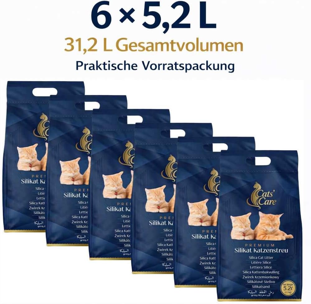 6 × 5,2 L Cats' Care Premium Silikat Katzenstreu, 6er Vorteilspack, Gesamtvolumen 31,2 L