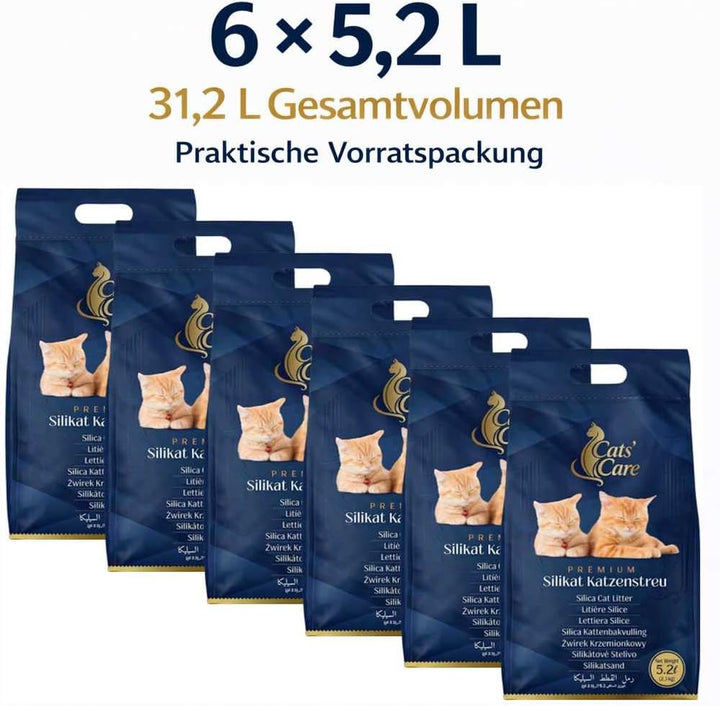 6 × 5,2 L Cats' Care Premium Silikat Katzenstreu, 6er Vorteilspack, Gesamtvolumen 31,2 L