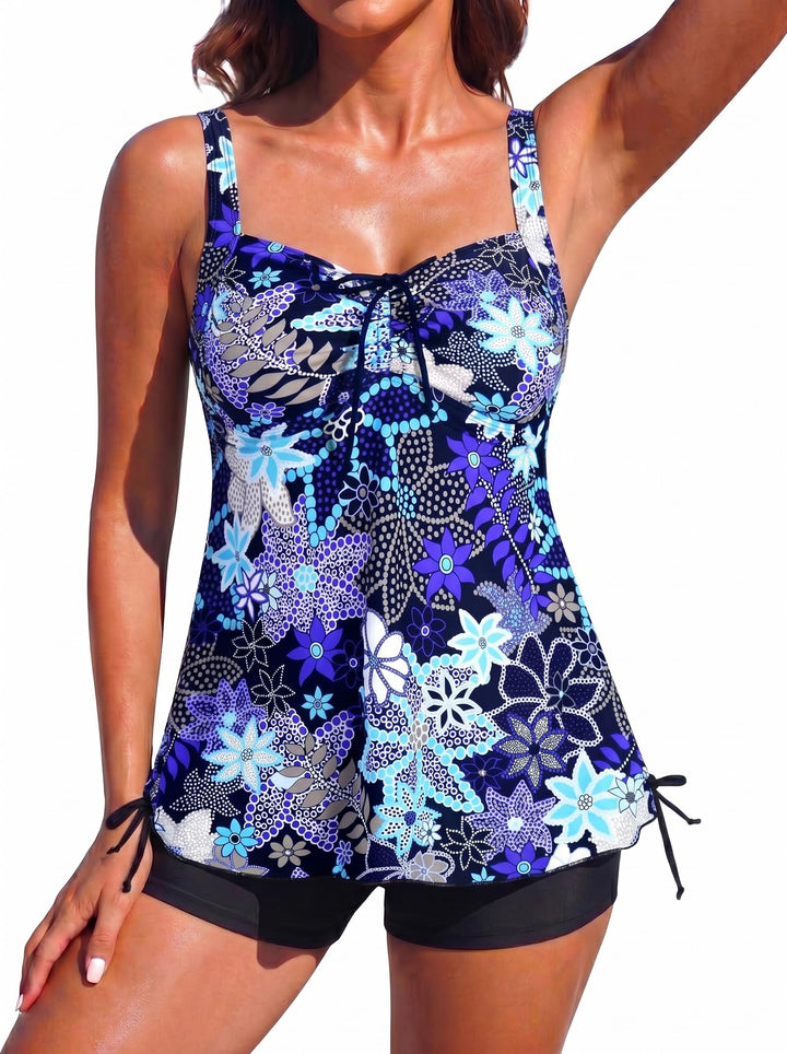 Hilor Tankini Bathing Suits for Women Plus Size Swimsuit Retro Paisley Two Piece Swimwear Blaue Blum