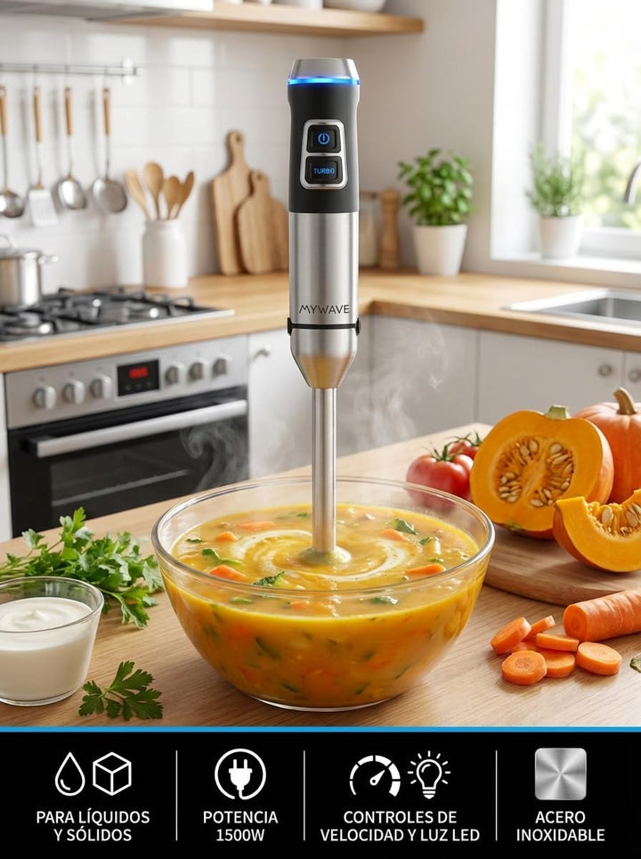 MYWAVE MWBTM-XXL Saona Stabmixer Für Feste und Flüssige Nahrungsmittel, Stainless Steel, Silber