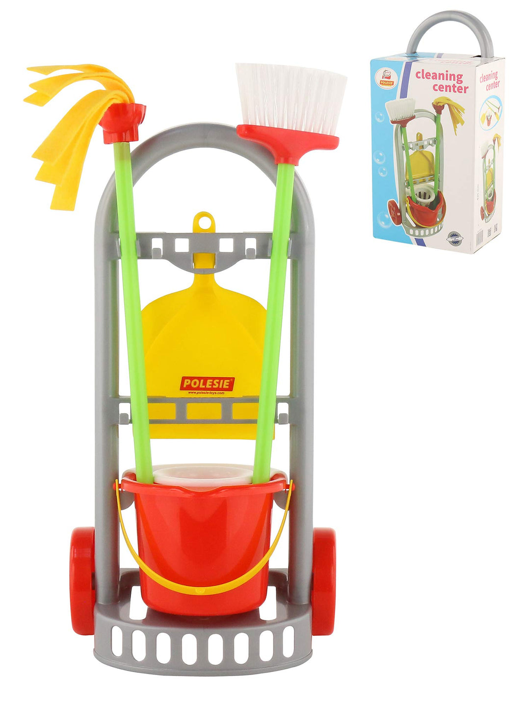 Polesie Putztrolley - Kinder-Putzwagen mit Zubehör, Besen, Wischer, Kehrblech und Eimer I Rollenspie