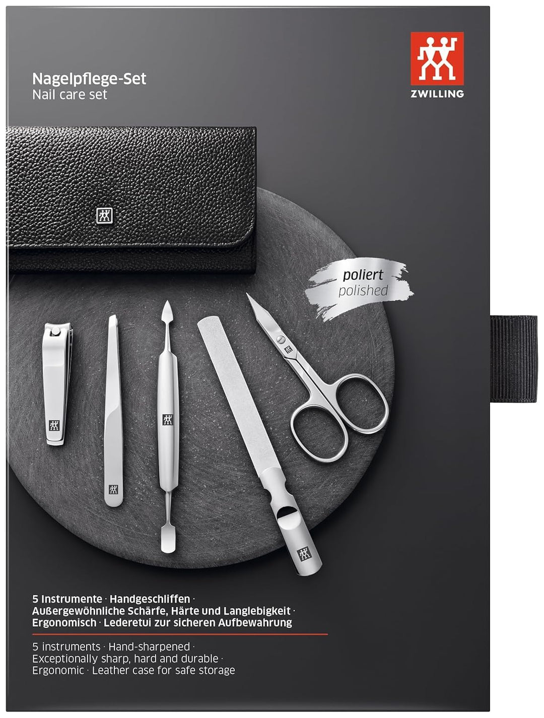 ZWILLING Maniküre Set in Reisegrösse 5-teilig mit Nagelknipser in 100% Lederetui, Schwarz, Schwarz