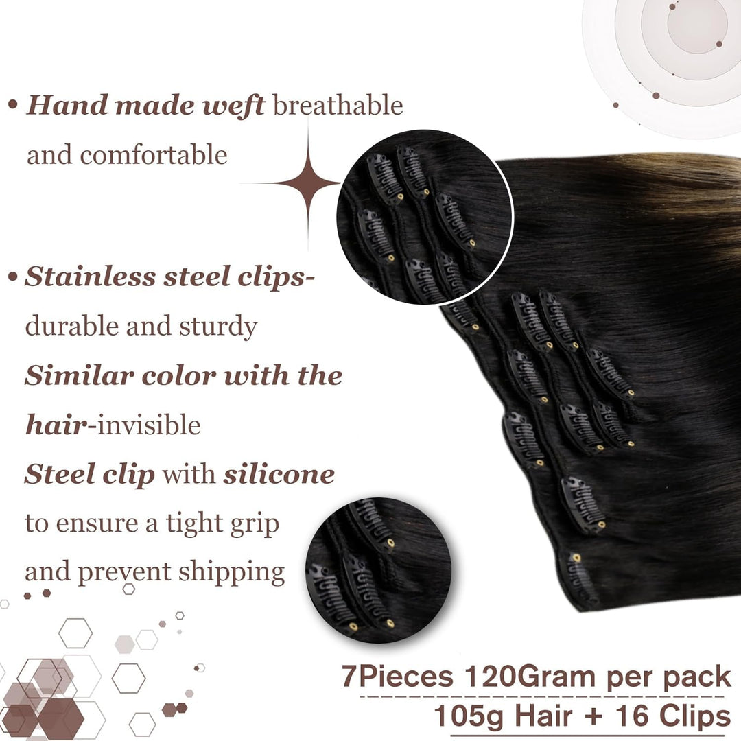 Hetto Clip in Extensions Echthaar Balayage Schwarz zu Hellbraun &amp; Goldblond 45cm 120g 7pcs - Invisib