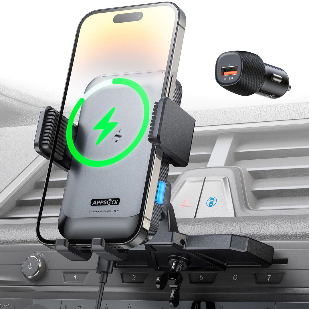 APPS2Car Kabellose Kfz-Ladegerät-Halterung, CD-Slot, automatische Klemmung, 15 W, schnelles Aufladen