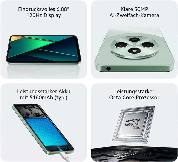 Poco C75 6GB 128GB Green, Android Smartphone, 2.0GHz, 6.88" Display, 50MP AI dual Camera, 5160mAH Ba