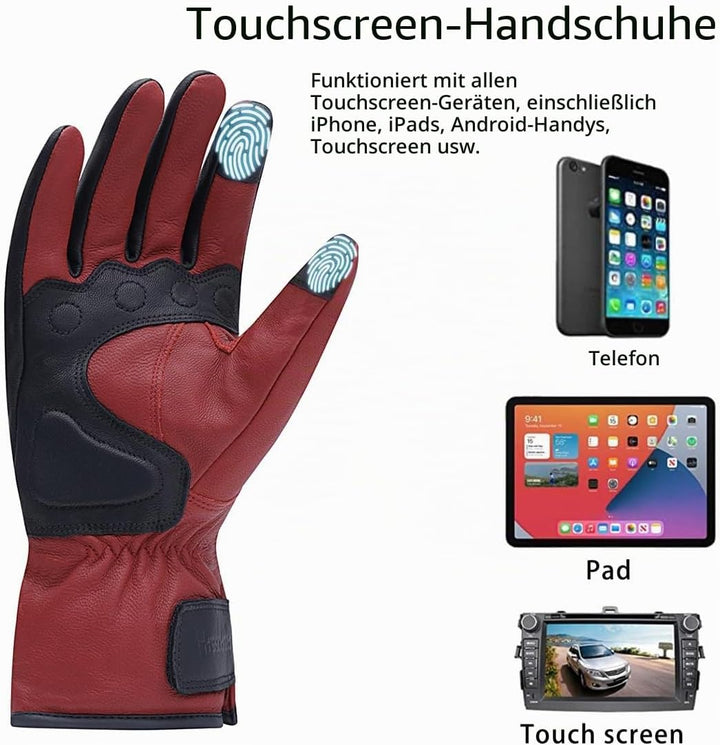 Harssidanzar Herren Winter Motorradhandschuhe,echtes Leder Vollfinger Touchscreen Thermisch gefütter