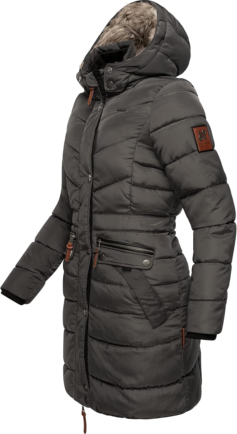 Navahoo Damen Wintermantel Warmer Steppmantel lang mit Abnehmbarer Kunstfell-Kapuze Paula XS-5XL XXL